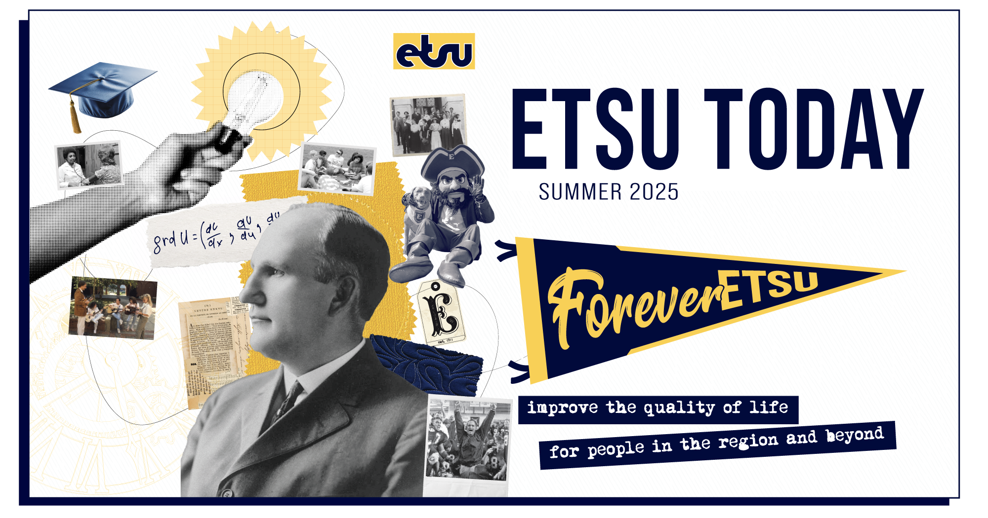 Collage depicting various symbols of ETSU through the years, including vintage logos, old class photos, and past ETSU presidents.