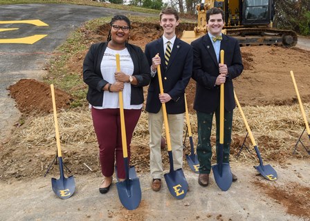 3 ETSU students with shovels ready to participate in the groundbreaking ceremony