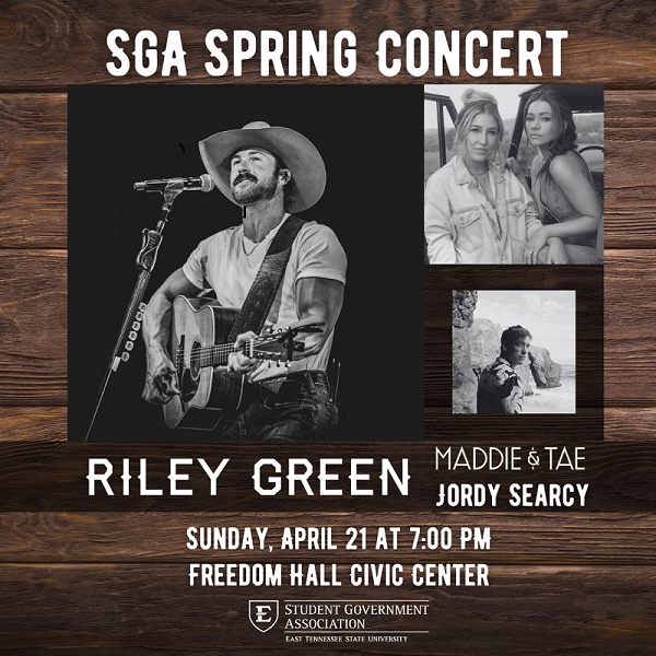 SGA spring 2024 concert, Riley Green, Maddie & Tae, Jordy Searcy. April 21 at 7:00 pm