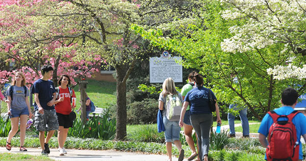 Students walking across campus on the ETSU Pride Walk (a decorative walk in the middle of campus)