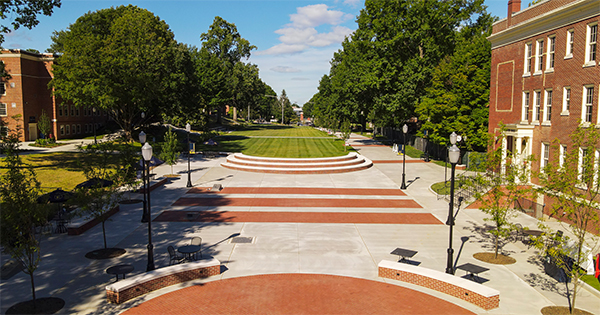 An image of the plaza taken from the perspective of the Culp Center.