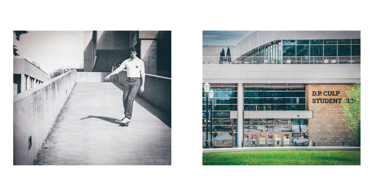 A photo of a student skateboarding down the ramp of the D.P. Culp Student Center. A photo of the exterior D.P. Culp Student Center after its renovation.