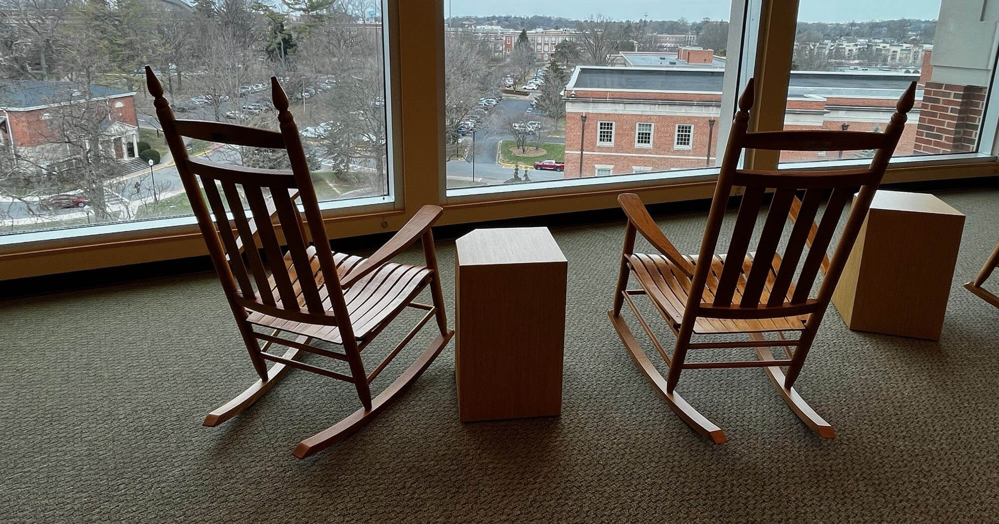 rocking chairs over looking campus