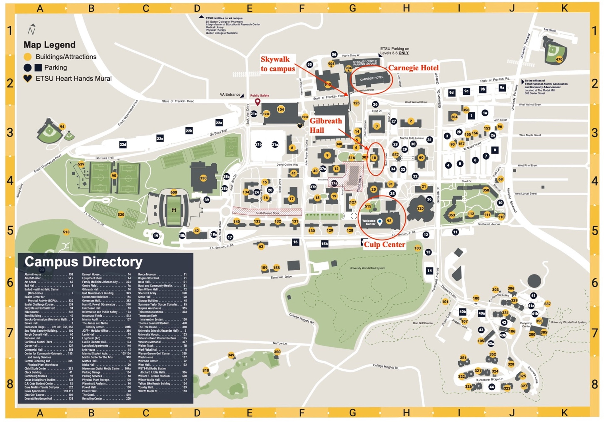 Map of ETSU with important buildings circled in red.