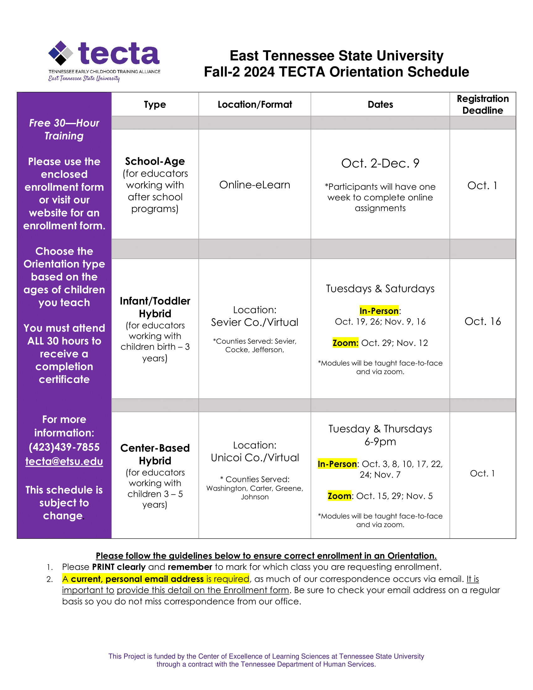 Fall 2024 Semester Orientation Schedule