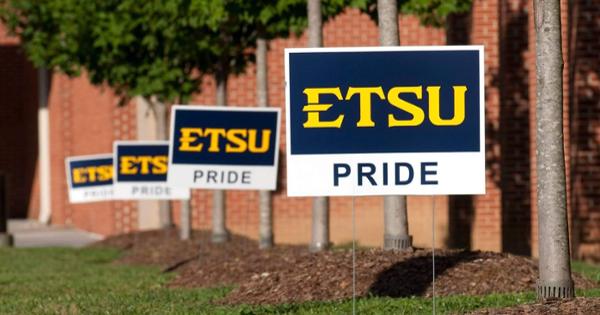 There are four ETSU Pride yard sign's that are the colors blue gold and white.