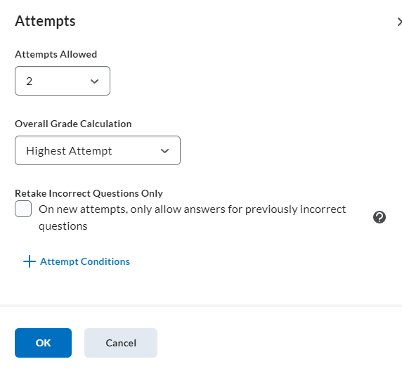 image of manage attempts options (adjust the attempts allowed, select the overall grade calculation, and if you want students to retake incorrect questions only)
