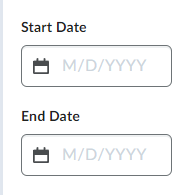 Image of the Start and End Dates in the availability dates and conditions section of the Edit Quiz Page.