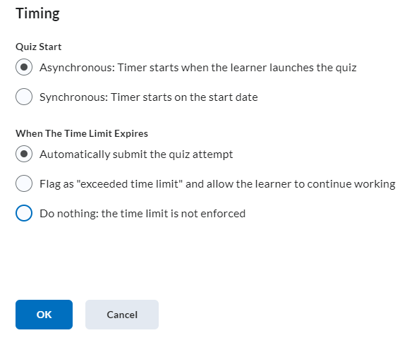 image of the quiz timing options: quiz start (asynchronous or synchronous) and action when the time limit expires
