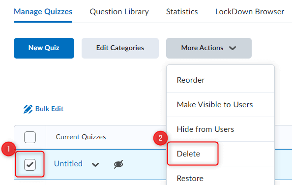 Image of the more actions button on the manage quizzes screen with the quiz and delete selected.