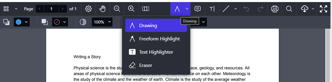 image of the pen tool where you can select from drawing, highlighting, and the eraser