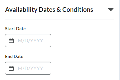 Image of the Start and End Dates in the availability dates and conditions section of the Edit Quiz Page.