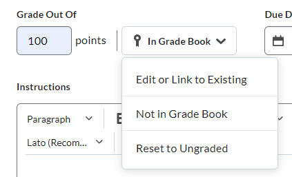 image of the dropbox grading options: edit or link to existing, not in gradebook, or reset to ungraded
