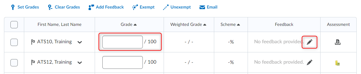 image of a numeric grade item open for grading with the grade column and feedback icons highlighted.