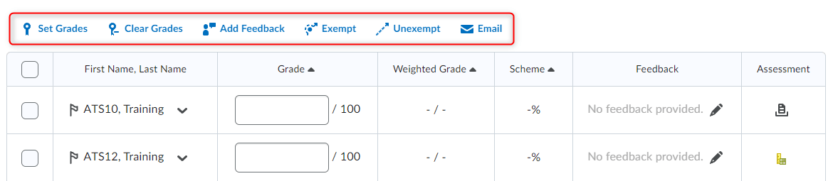 Image of the Grade Item Action buttons (set grades, clear grades, add feedback, exempt, unexemptemail).
