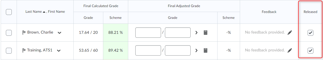 Image of the calculated grades transferred over and the numerators highlighted. The release column is also marked to show that grades are unreleased.