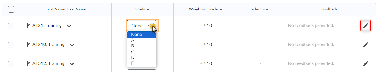 image of a Selectbox grade item open for grading with the grade column and feedback icons highlighted.