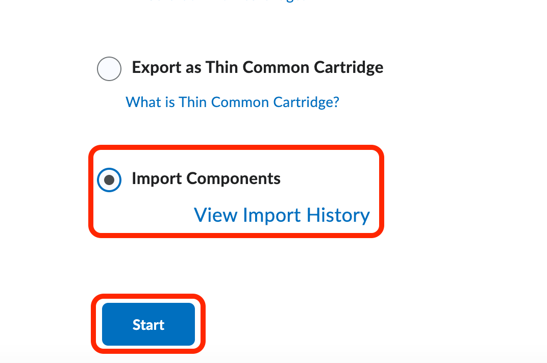 Image of the import/export/copy components page with the Import option selected.