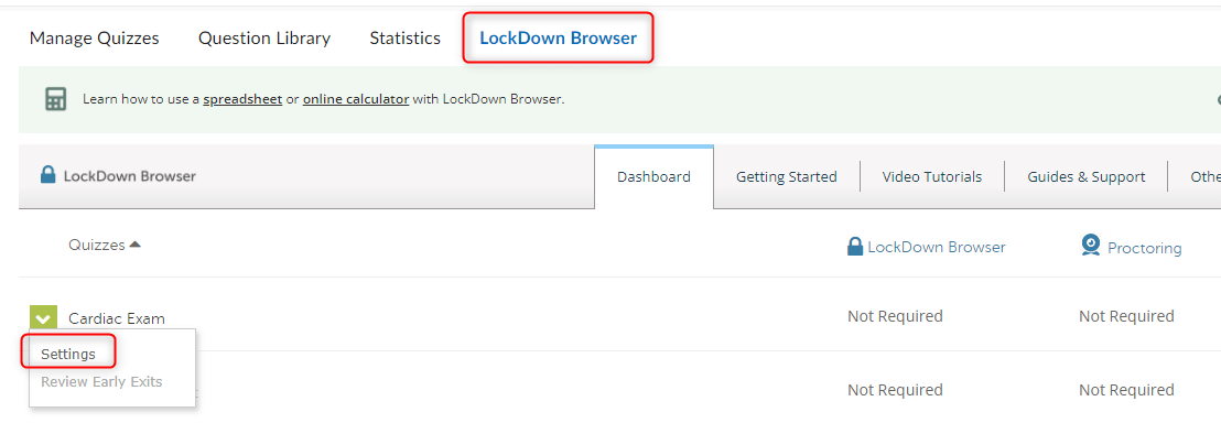 image of the lockdown browser tab with the settings highlighted
