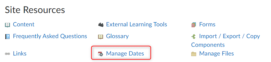 Image of the edit course menu with the manage dates tool circled.