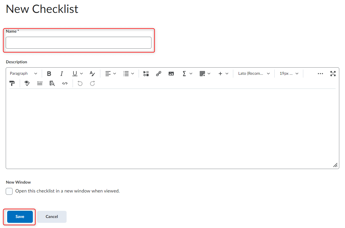 Image of the checklist properties page with the following fields: name, description, and new window options