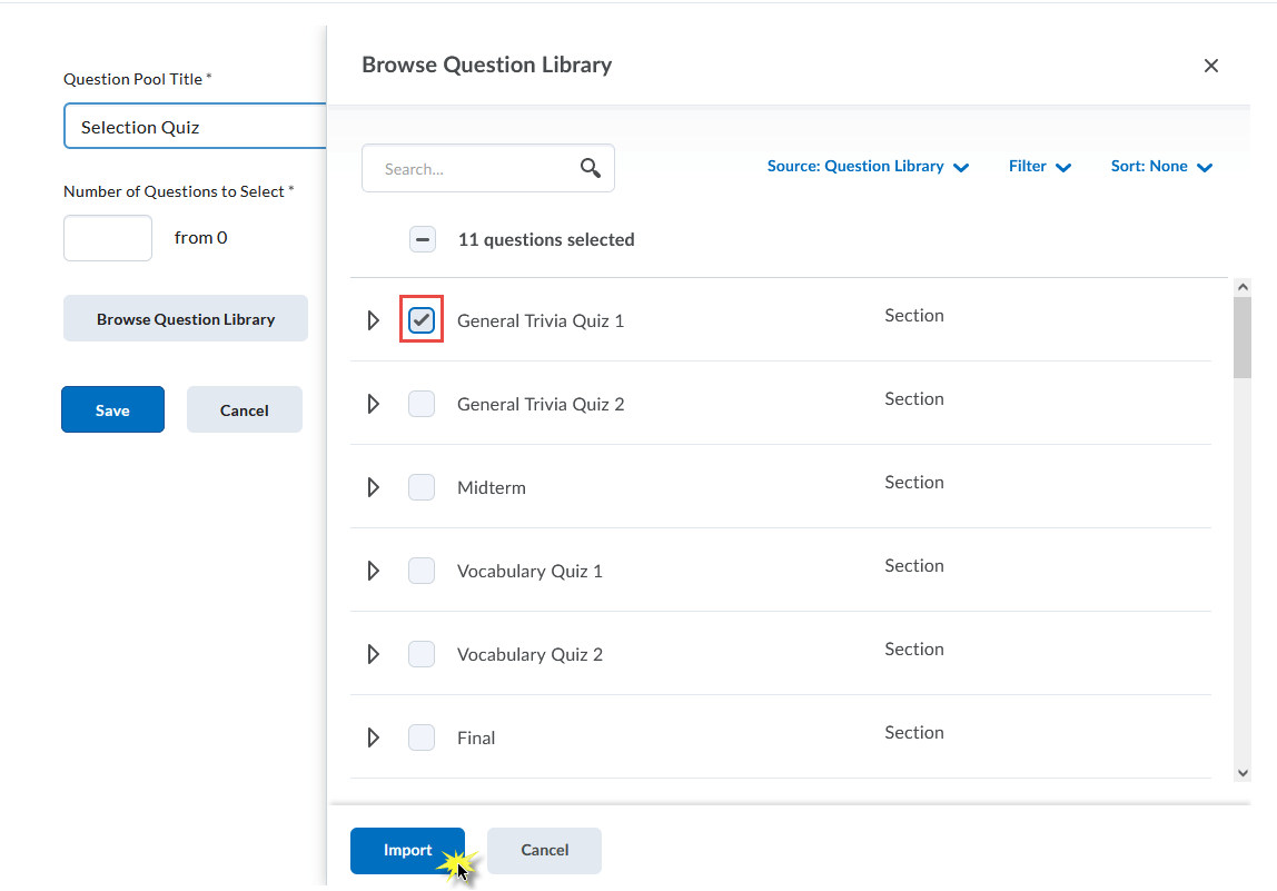 Image of the browse question library page of a quiz with a question pool