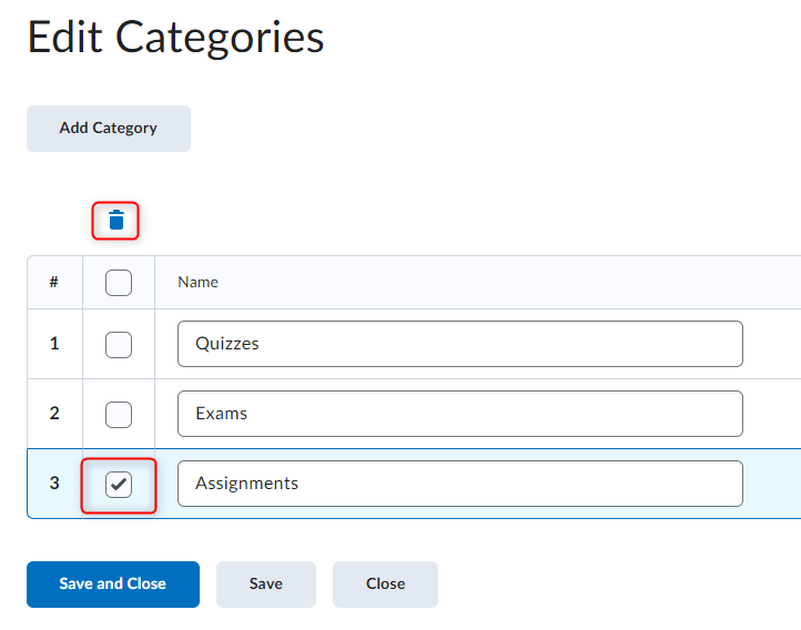 Image of the edit categories page with a category selected and the trashcan icon highlighted