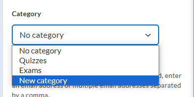 Image of the Category dropdown and new category highlighted within the edit quiz page