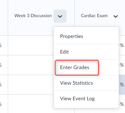 image of enter grades - grade item context menu which lists the following in order: edit grade item, enter grades (selected), view statistics, event log