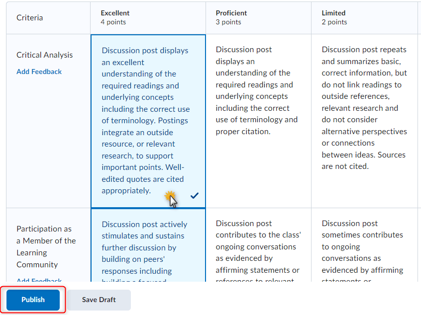 image of the pop-up window of the grading with a rubric in the gradebook
