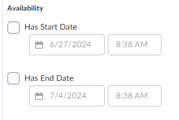Image of the Start and End Dates on the Restrictions tab of the Edit Survey Page.