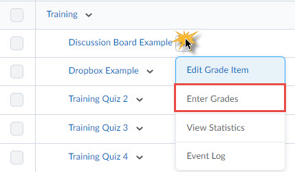 Image of the context menu of a grade item (edit grade item, enter grades, view statistics, event log.)