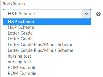 Image of the Grade Scheme and Rubric options for a selectbox grade item. 