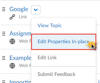Image of the topic context menu with Edit Properties in Place selected