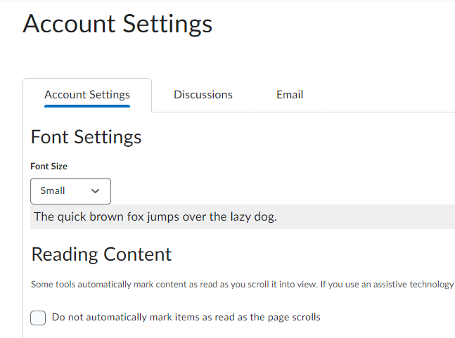 image of the account settings page with the three tabs: account settings, discussions, email