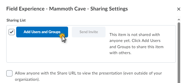 image of the share settings pop-up menu with add users and groups selected in eportfolio