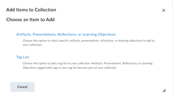 image of the add items to collection page where you can choose the type of item you want to add