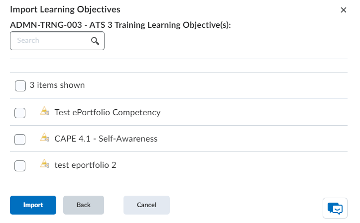 image of the pop-up to import learning objectives from courses into eportfolio