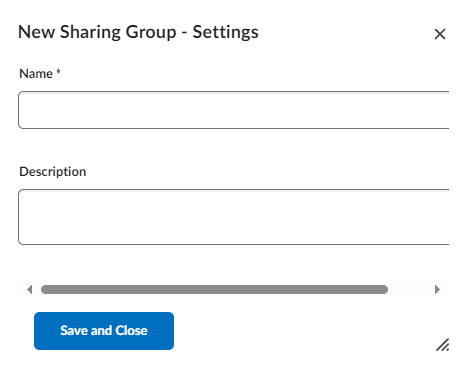 image of the new sharing group settings pop-up window for eportfolio