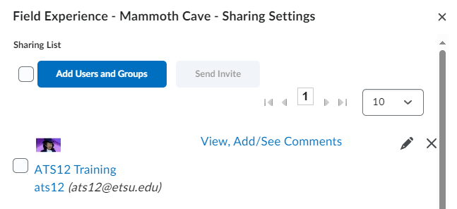 image of the share settings pop-up menu to add specific share settings for groups and individuals in eportfolio