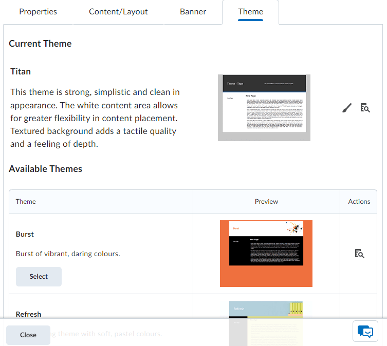 image of the theme tab for creating a presentation where you can change the theme in eportfolio