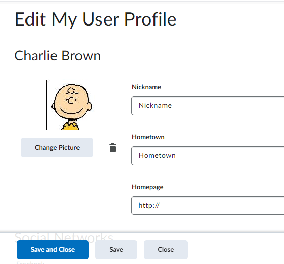 image of the edit user profile page where you can enter information or change your profile picture