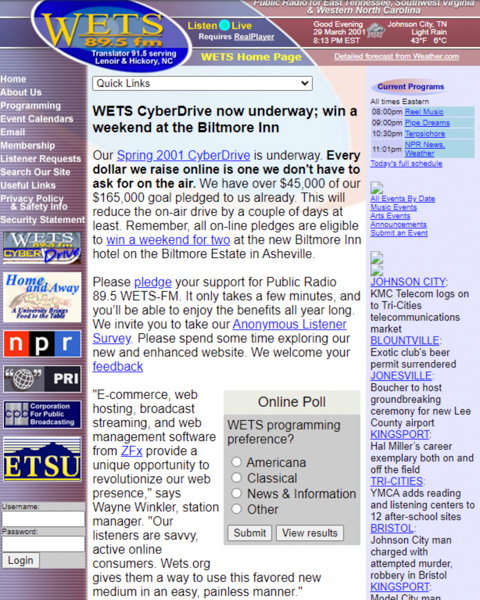 a screenshot of the 2001 WETS-FM website