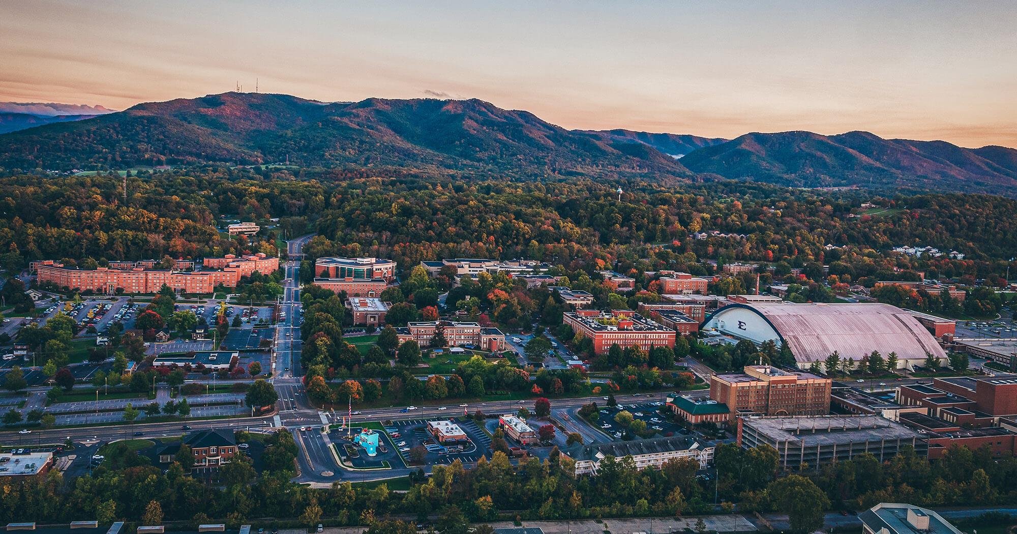An aerial shot of campus.
