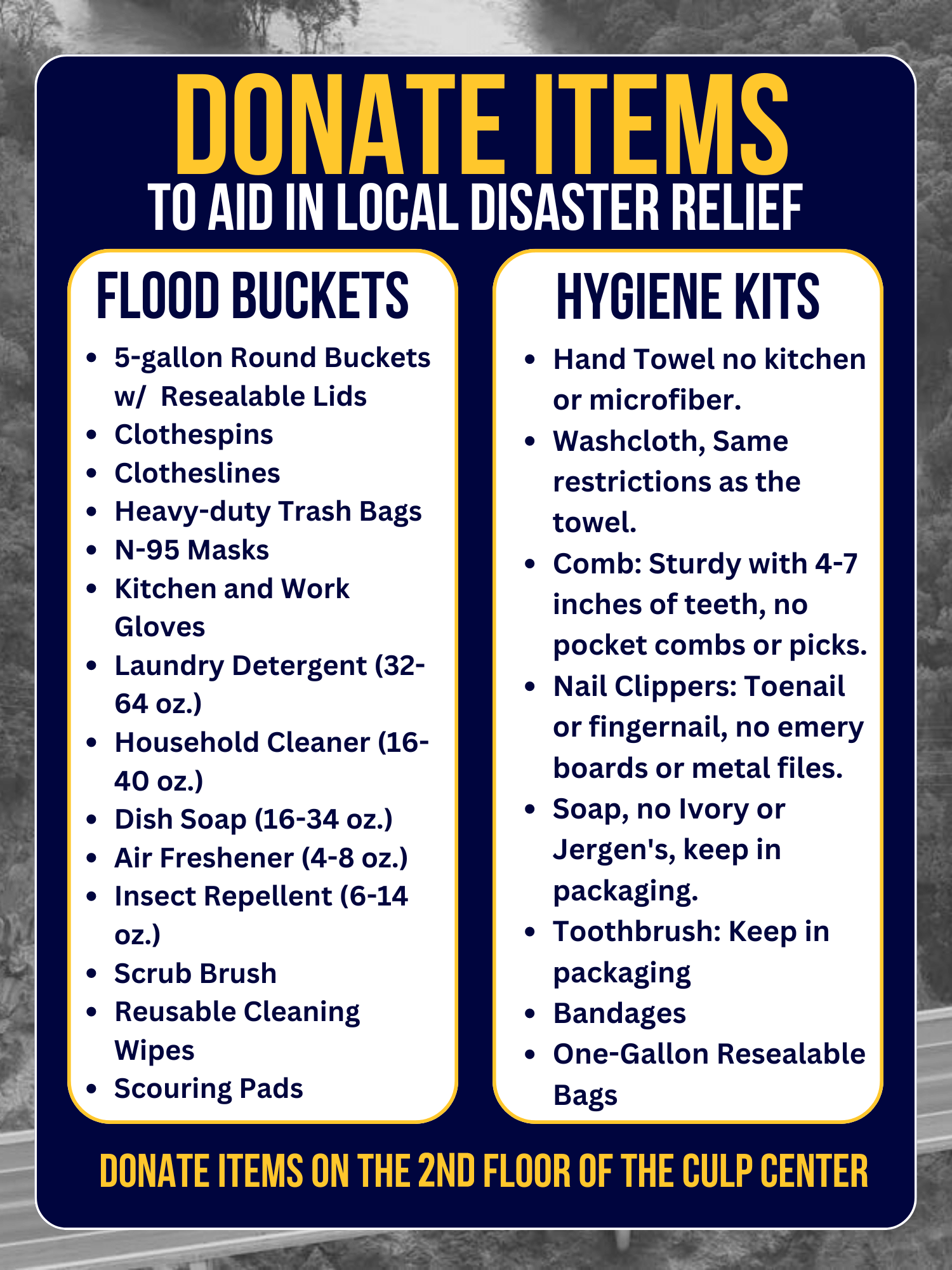 Graphic of supplies needed for donation relief