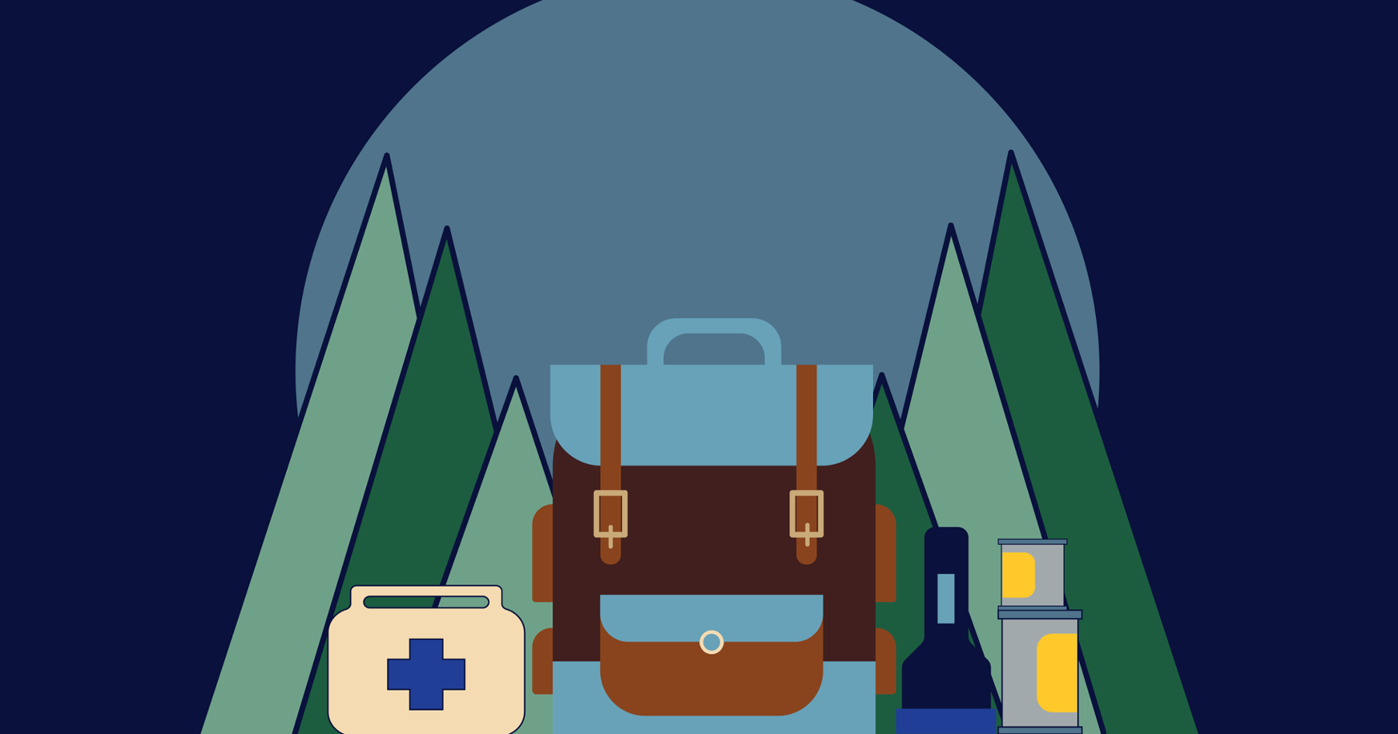 A graphic that illustrates a backpack and elements for a go bag.