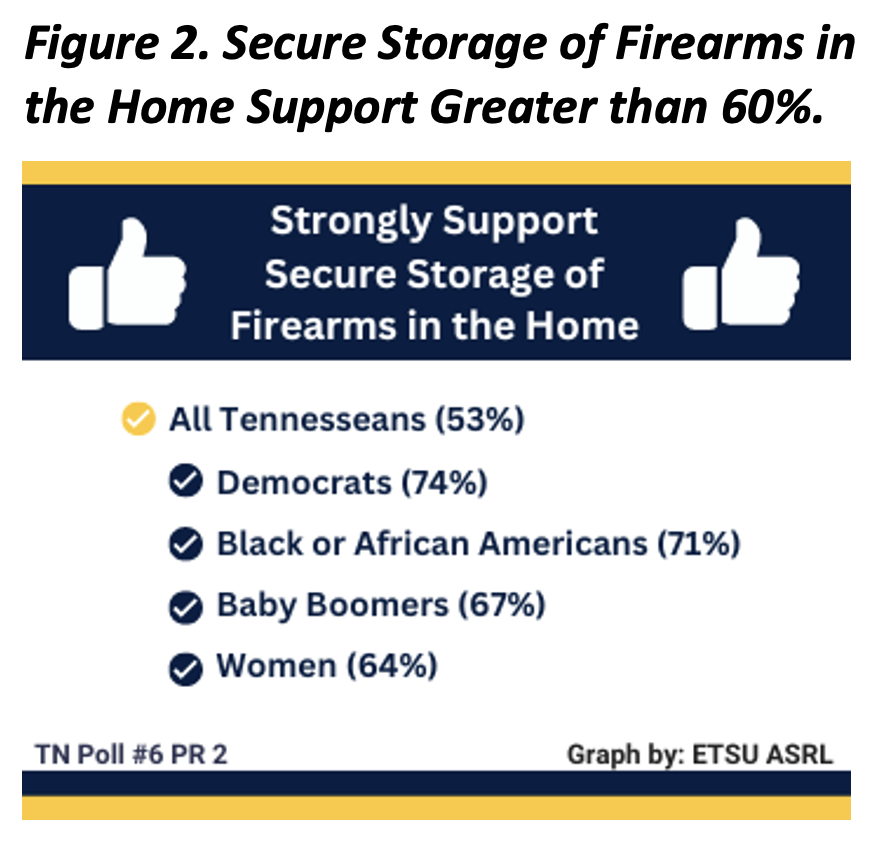 Figure 2. Fifty-three percent of Tennesseans overall strongly support the secure storage of firearms in the home. When broken down by demographics, Democrats (74%), Black or African Americans (71%), baby boomers (67%), and women (64%) show the highest levels of strong support.