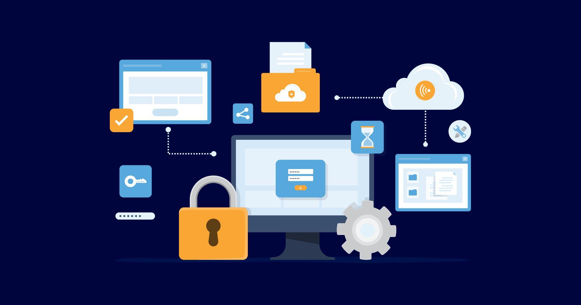 An illustration that shows a laptop, a key lock, and a file folder.