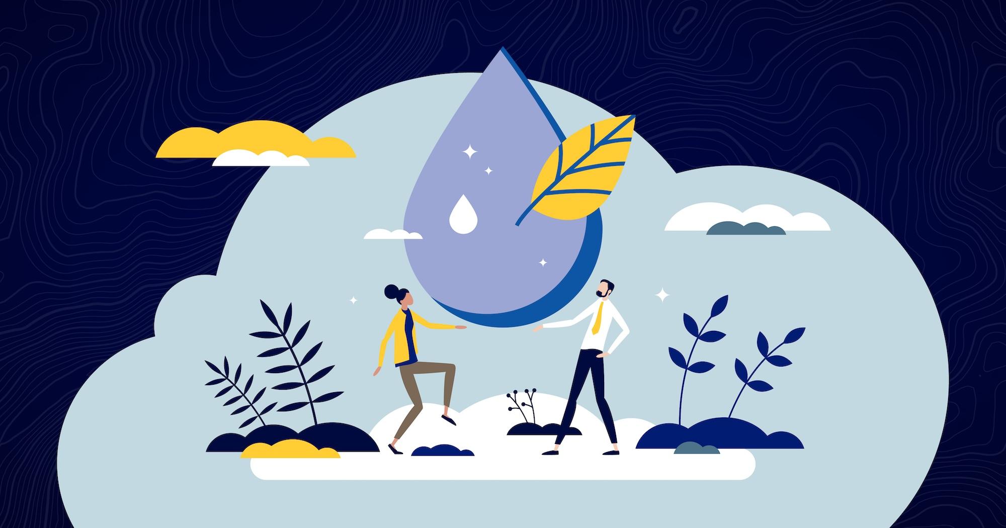 A graphic illustration of two individuals talking around a droplet of clean water and plants.