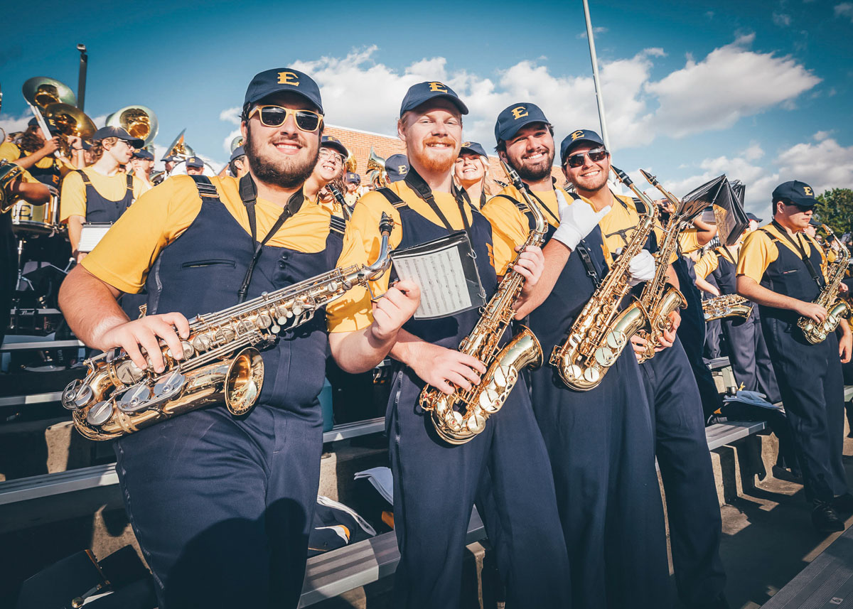 The ETSU Marching Bucs pose for a picture during the football game.